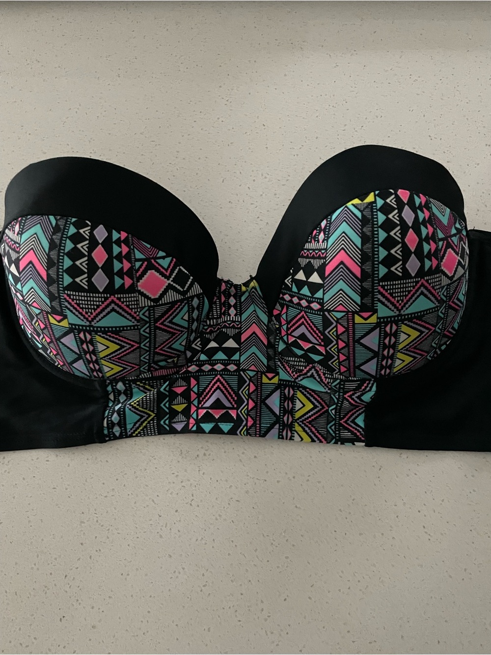 Hula Honey Black Swim Top with Pink, Teal, Yellow Geometric Print